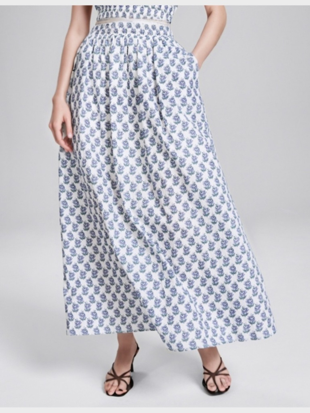 And Now This Floral Block Print Maxi Skirt Women Small White/Blue Gypsy Boho NWT